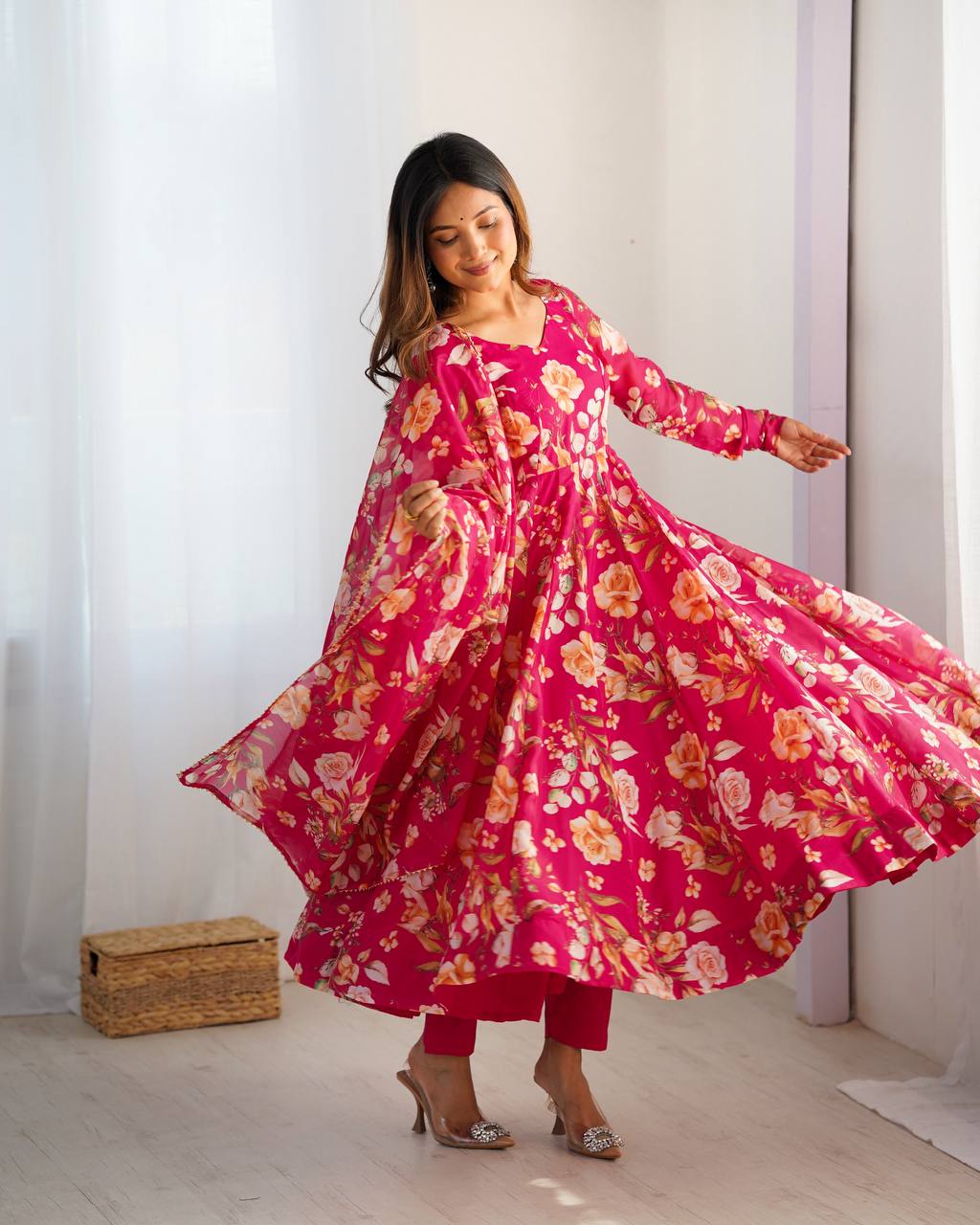 Pink Floral Anarkali Suit with Dupatta