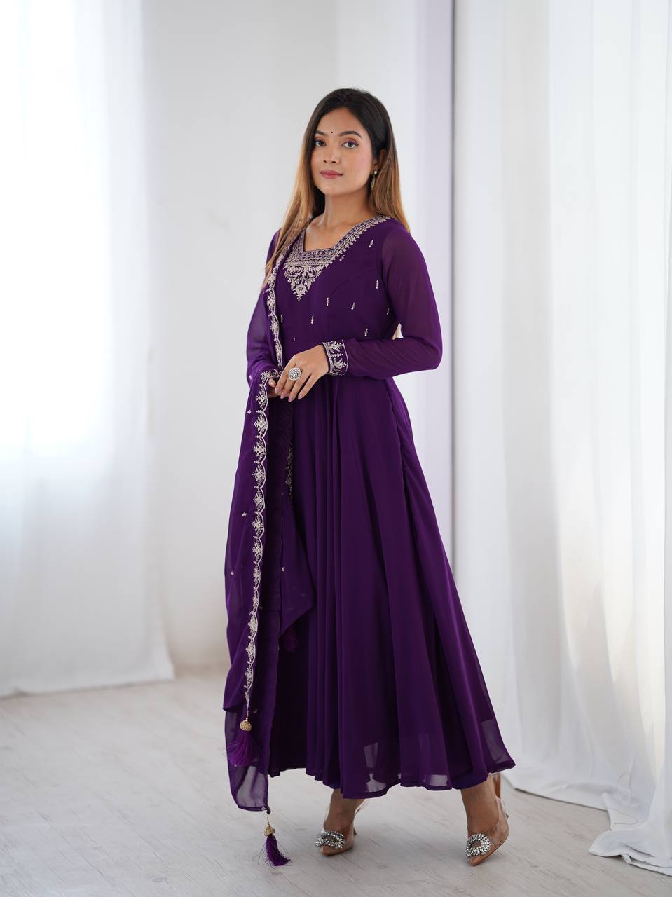 Embroidered Anarkali Suit Set with Dupatta – Available in Royal Purple, Classic Black & Green