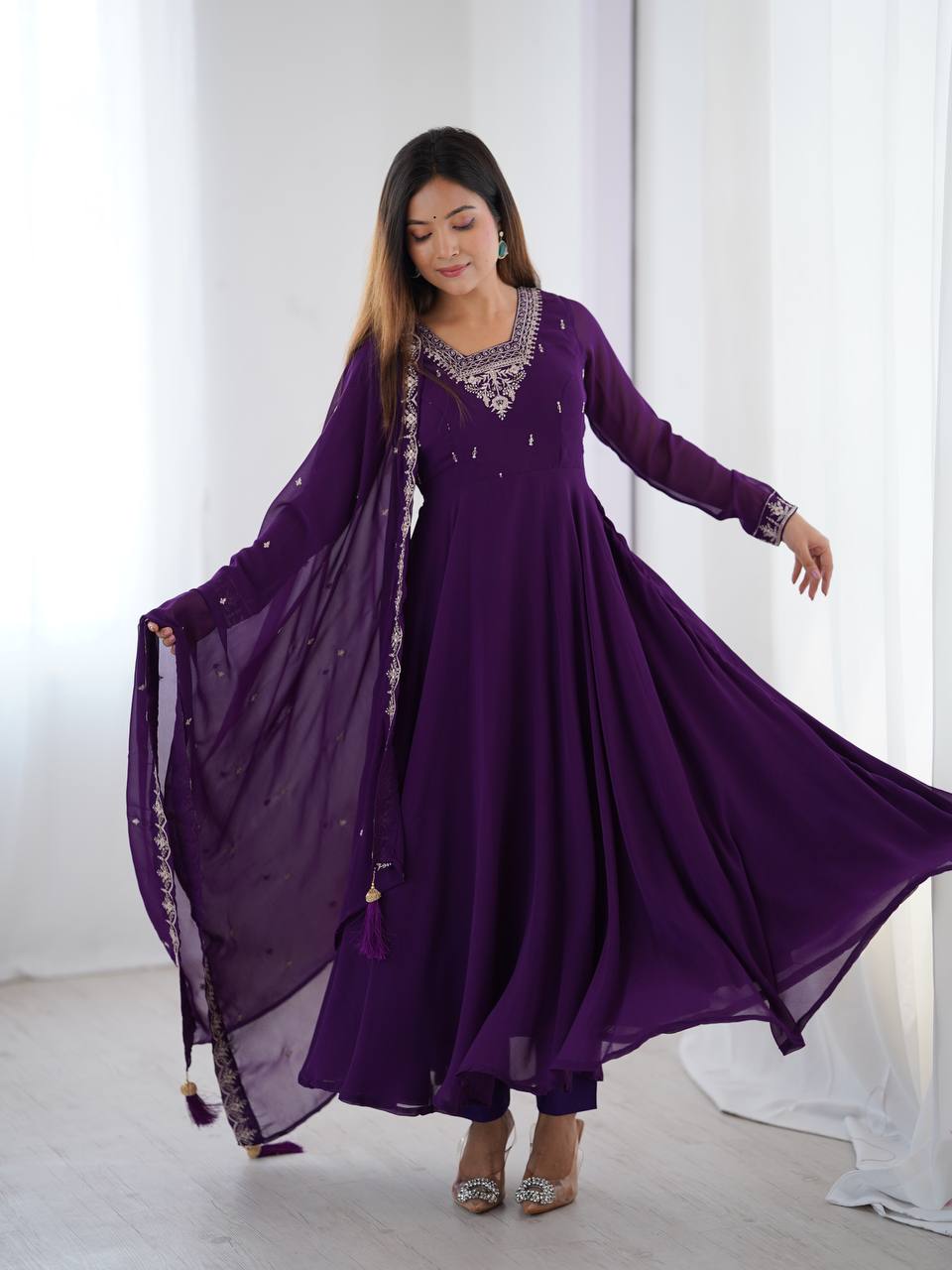 Embroidered Anarkali Suit Set with Dupatta – Available in Royal Purple, Classic Black & Green