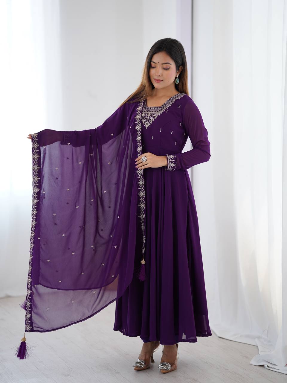 Embroidered Anarkali Suit Set with Dupatta – Available in Royal Purple, Classic Black & Green