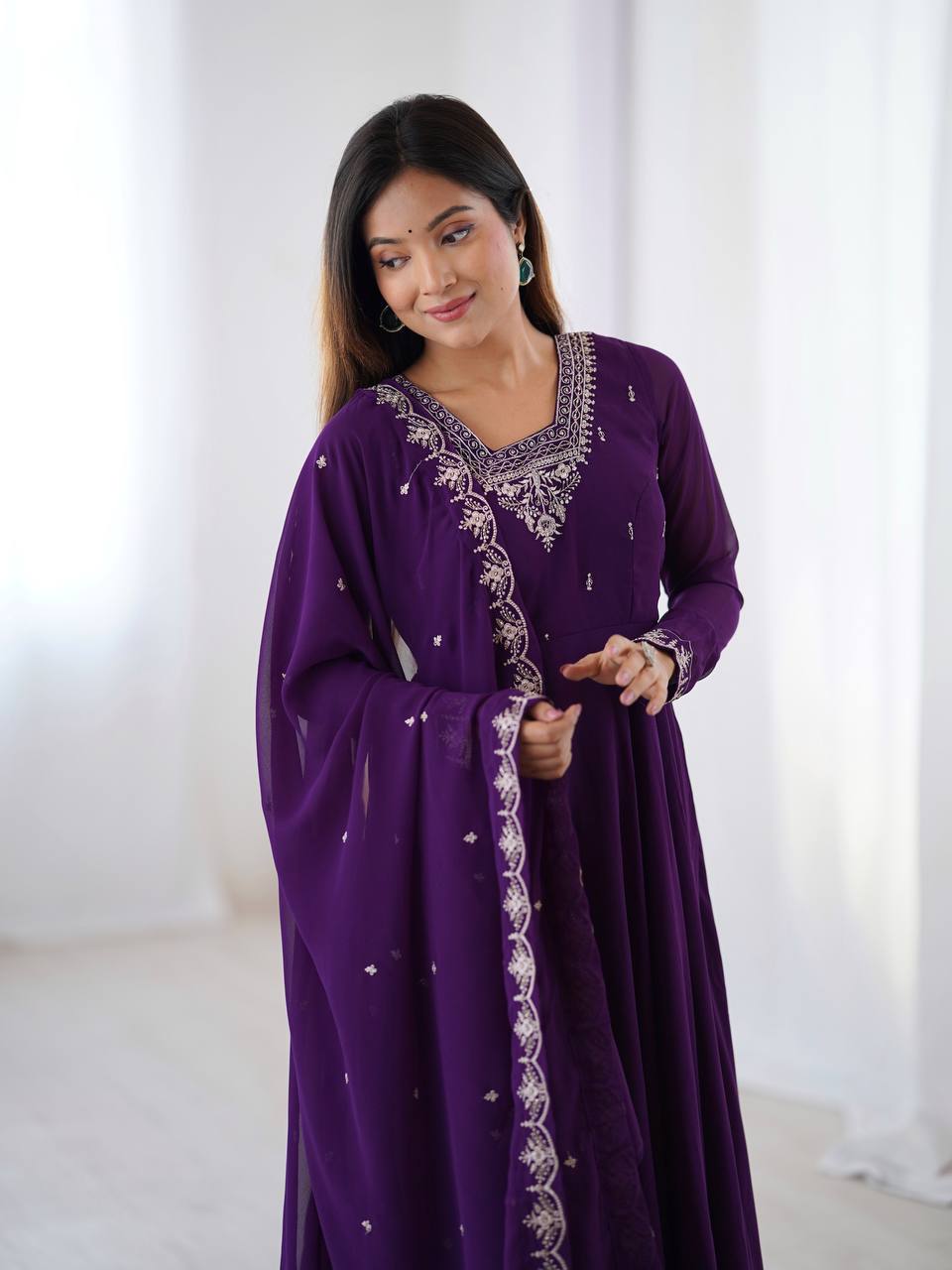 Embroidered Anarkali Suit Set with Dupatta – Available in Royal Purple, Classic Black & Green