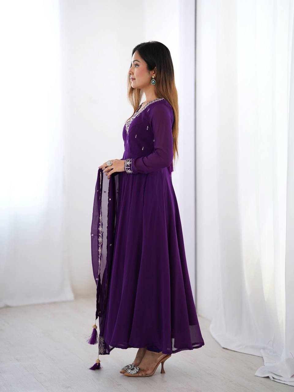 Embroidered Anarkali Suit Set with Dupatta – Available in Royal Purple, Classic Black & Green