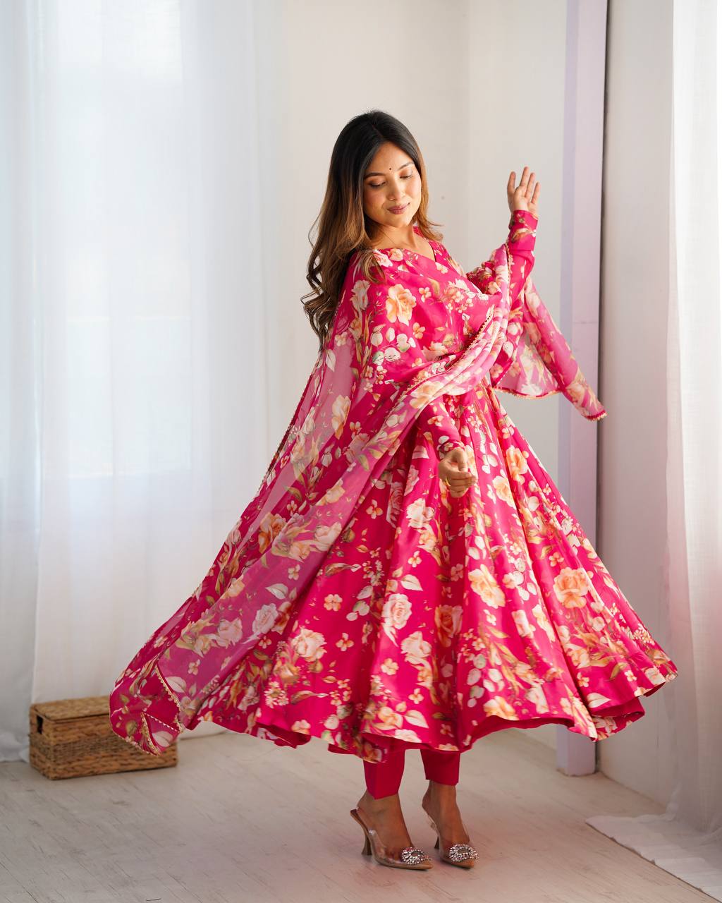 Pink Floral Anarkali Suit with Dupatta