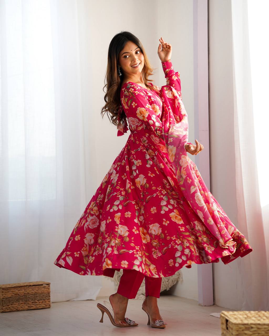 Pink Floral Anarkali Suit with Dupatta