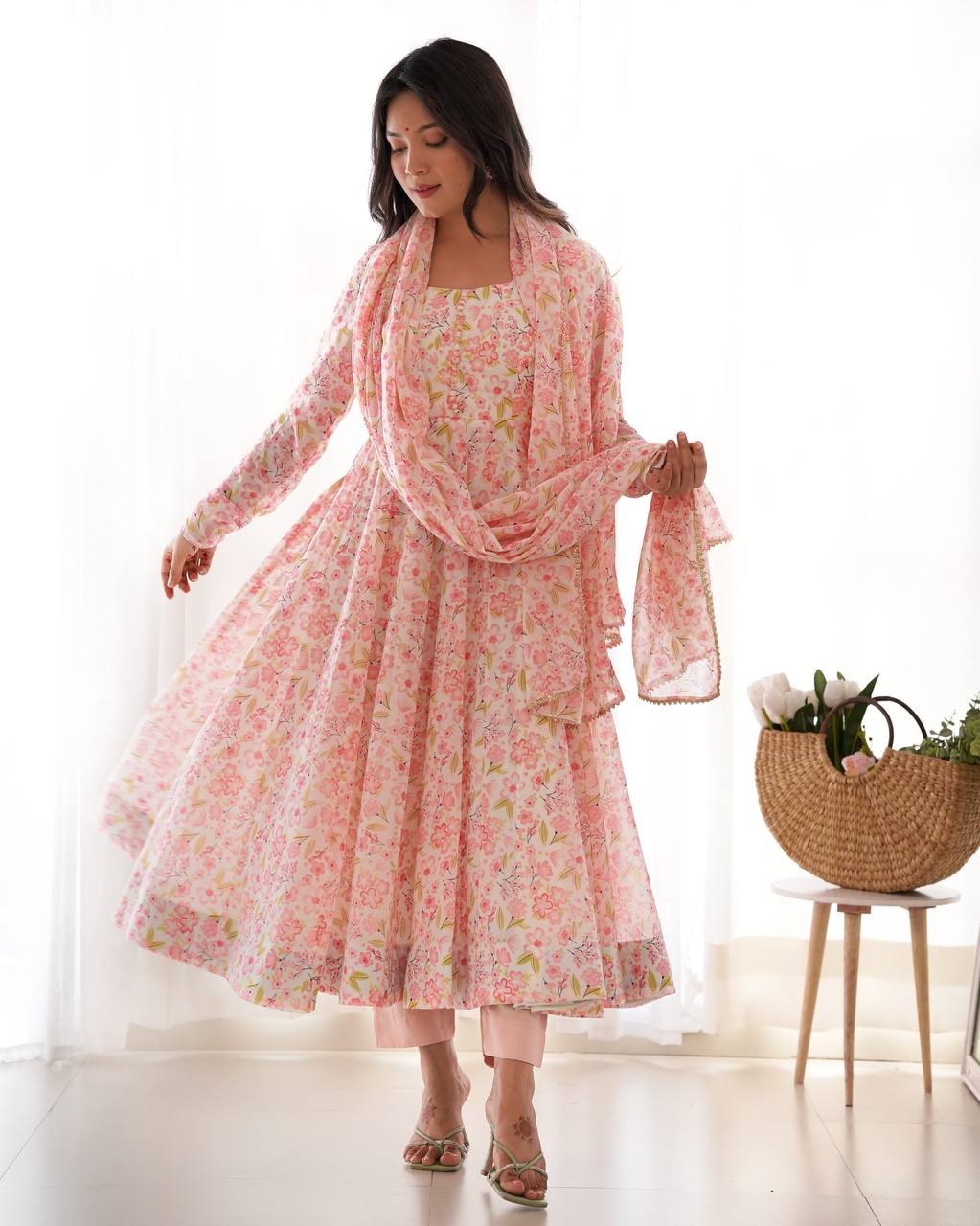 Pastel Pink Floral Print Anarkali Suit Set with Dupatta