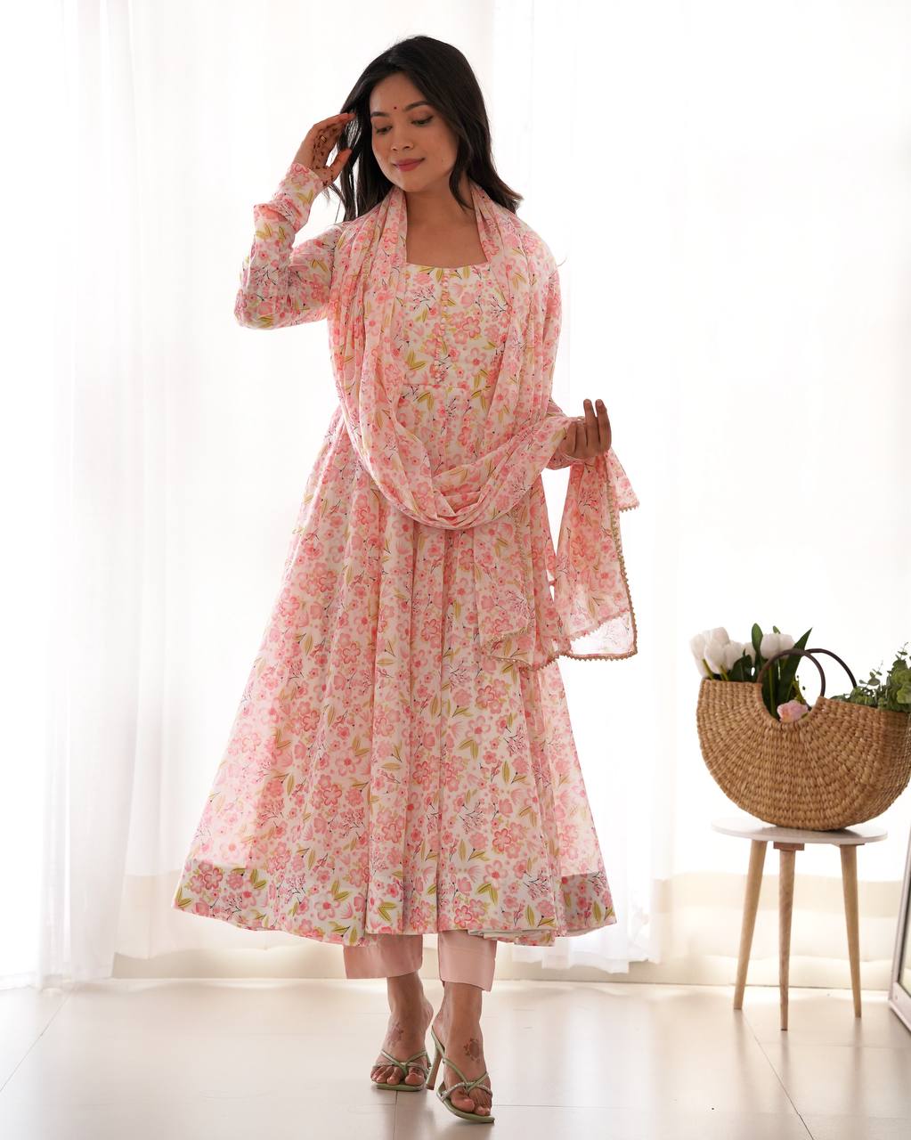 Pastel Pink Floral Print Anarkali Suit Set with Dupatta