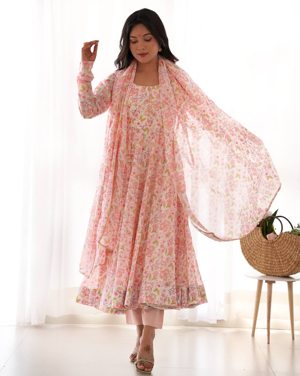 Pastel Pink Floral Print Anarkali Suit Set with Dupatta