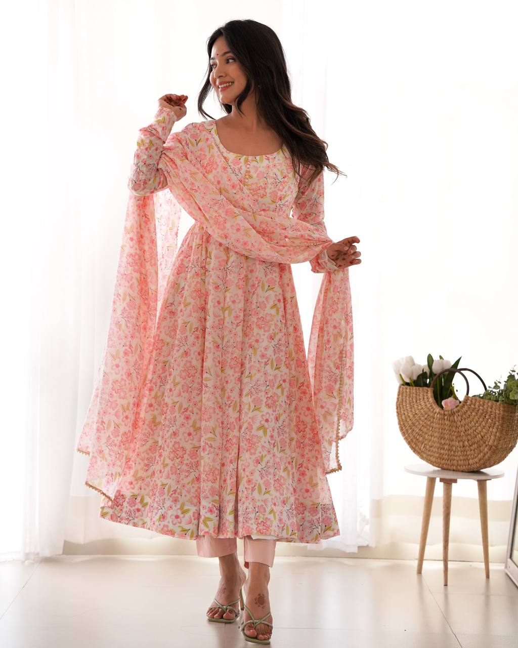 Pastel Pink Floral Print Anarkali Suit Set with Dupatta