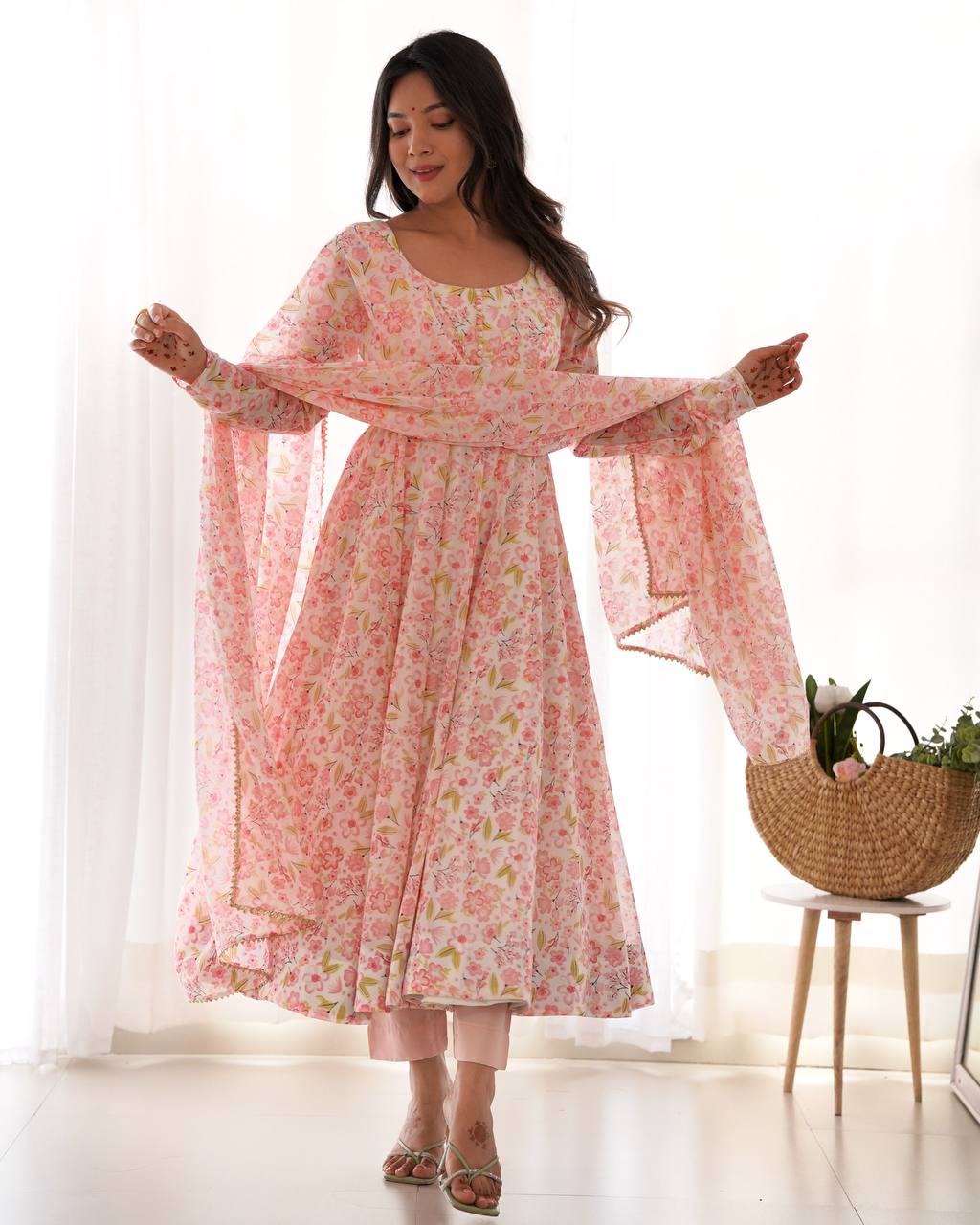 Pastel Pink Floral Print Anarkali Suit Set with Dupatta