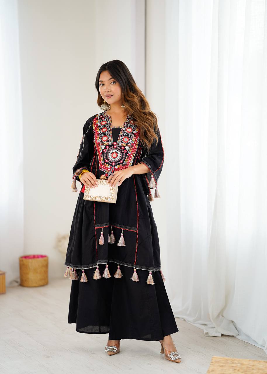 Black Tribal Mirror Work Kurta with Tassel Detailing & Palazzos