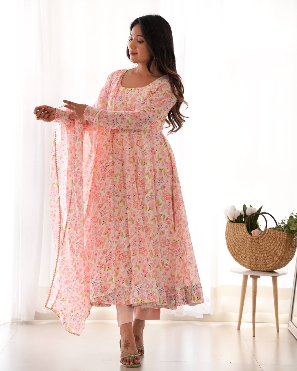 Pastel Pink Floral Print Anarkali Suit Set with Dupatta