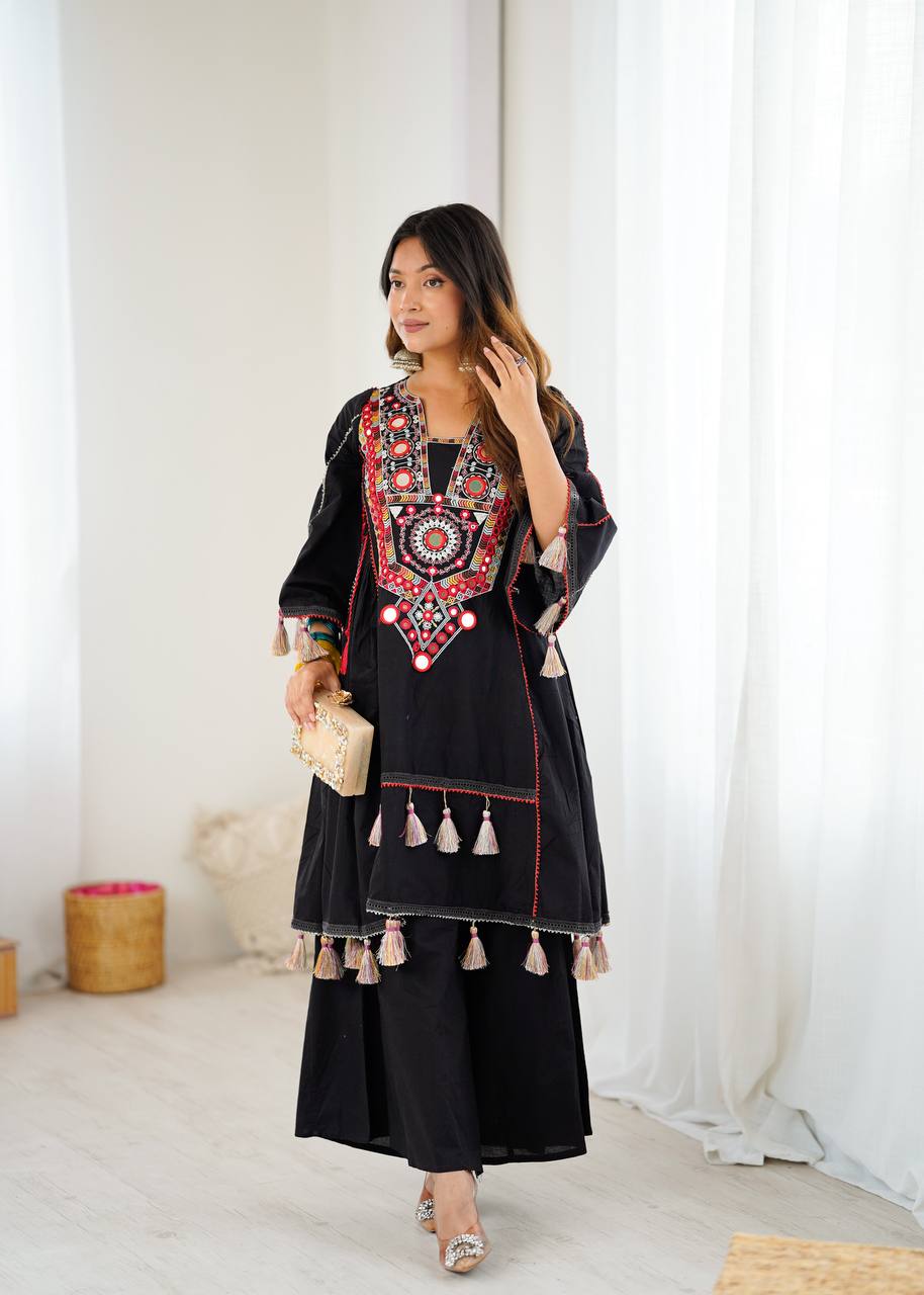 Black Tribal Mirror Work Kurta with Tassel Detailing & Palazzos