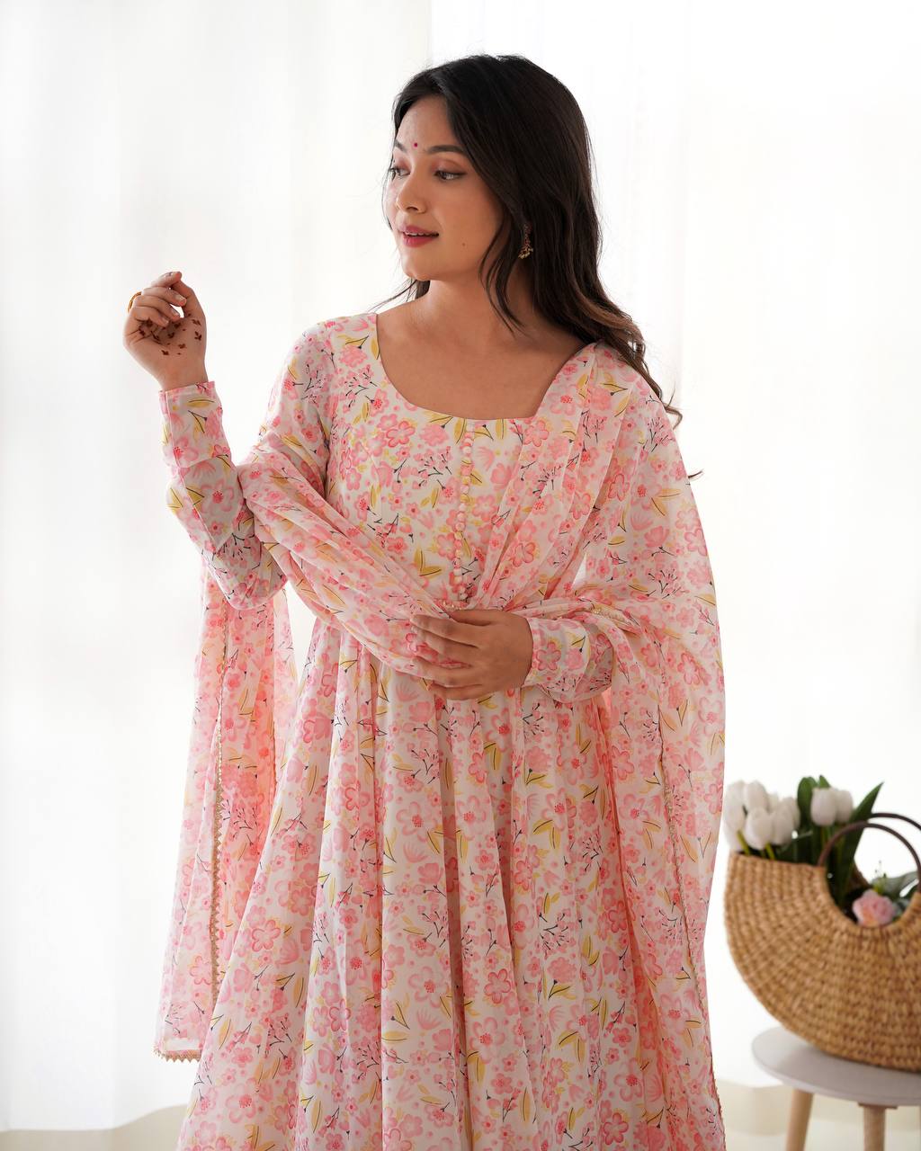 Pastel Pink Floral Print Anarkali Suit Set with Dupatta
