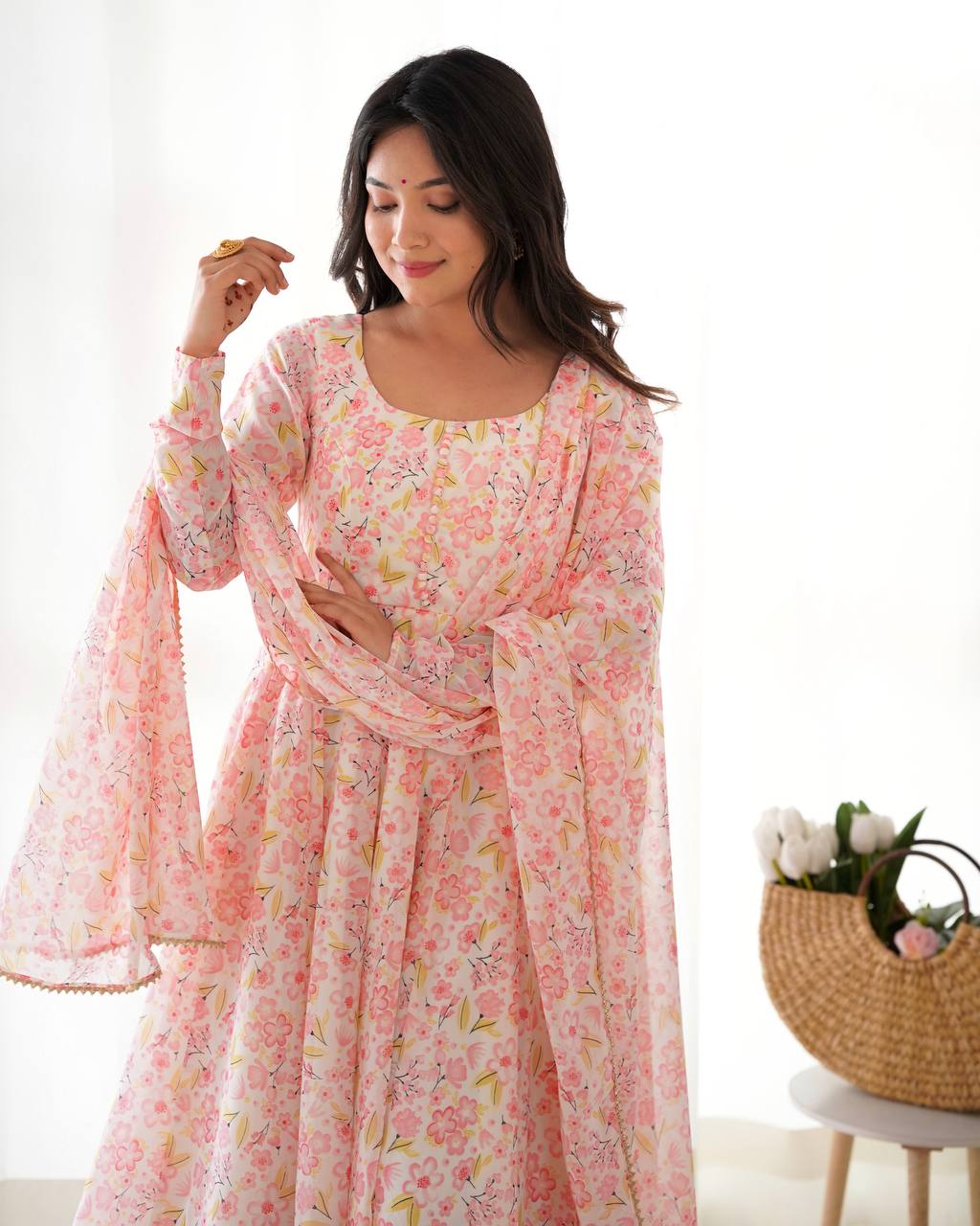 Pastel Pink Floral Print Anarkali Suit Set with Dupatta