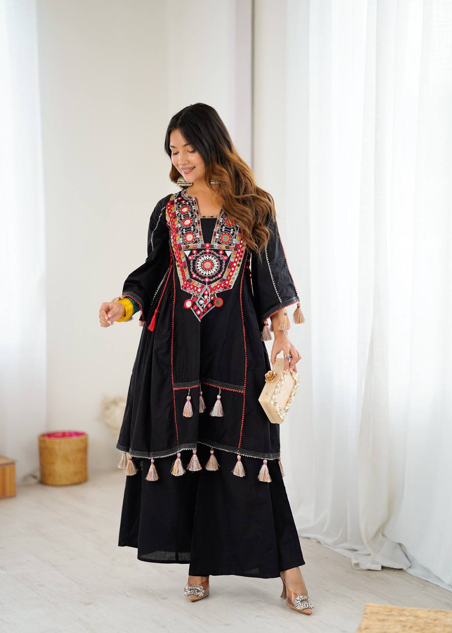 Black Tribal Mirror Work Kurta with Tassel Detailing & Palazzos