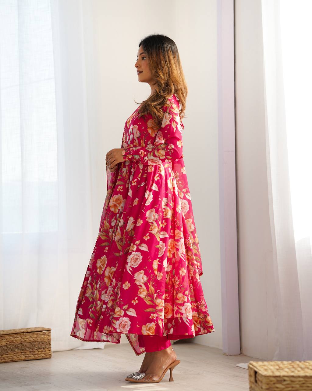 Pink Floral Anarkali Suit with Dupatta