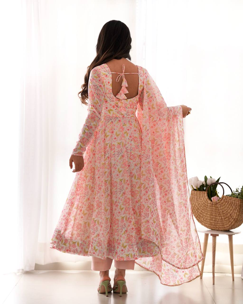 Pastel Pink Floral Print Anarkali Suit Set with Dupatta
