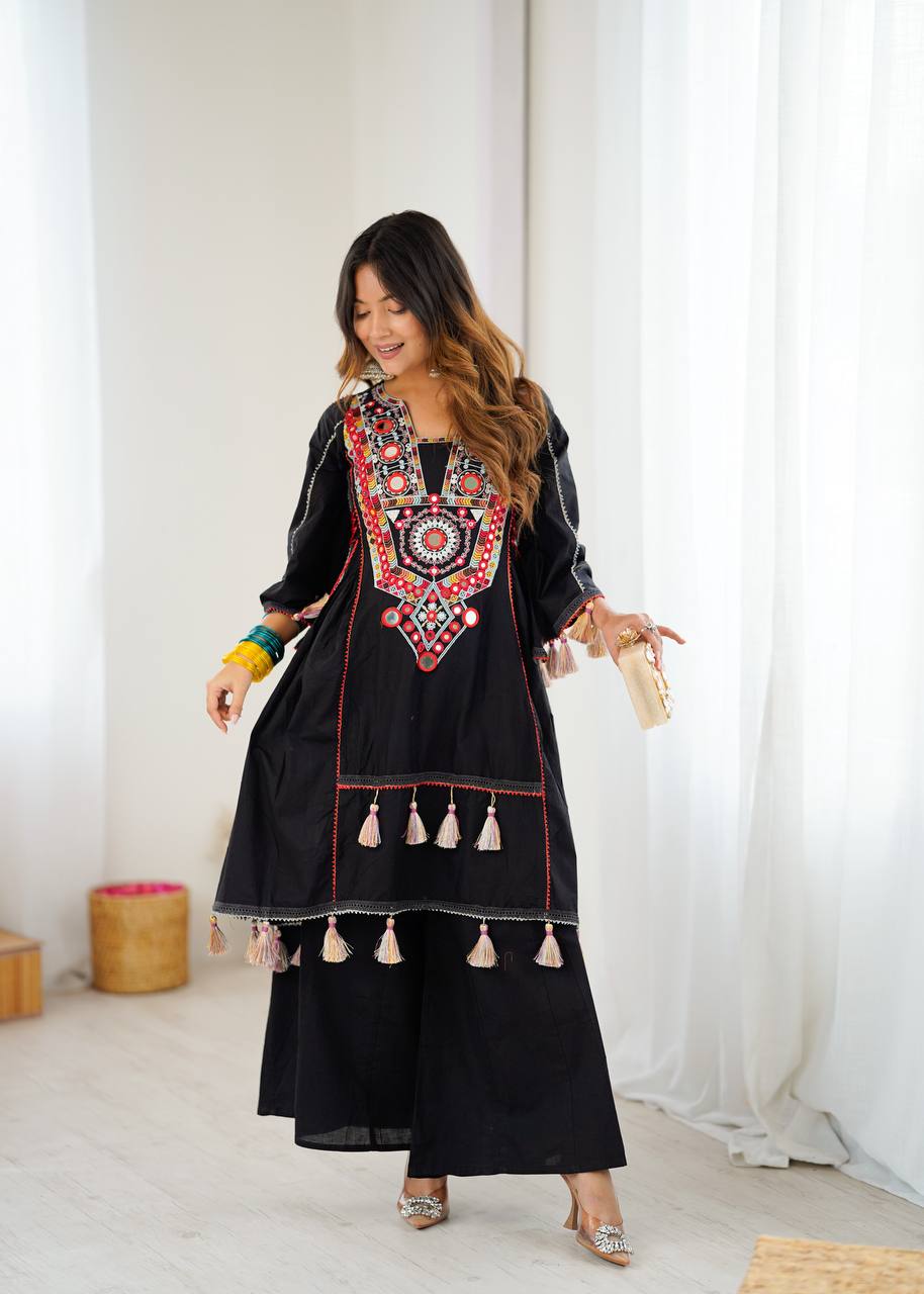 Black Tribal Mirror Work Kurta with Tassel Detailing & Palazzos