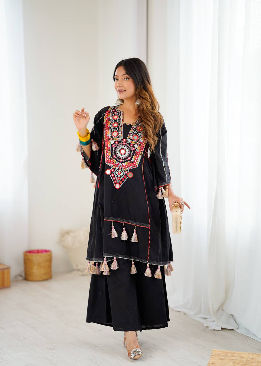 Black Tribal Mirror Work Kurta with Tassel Detailing & Palazzos