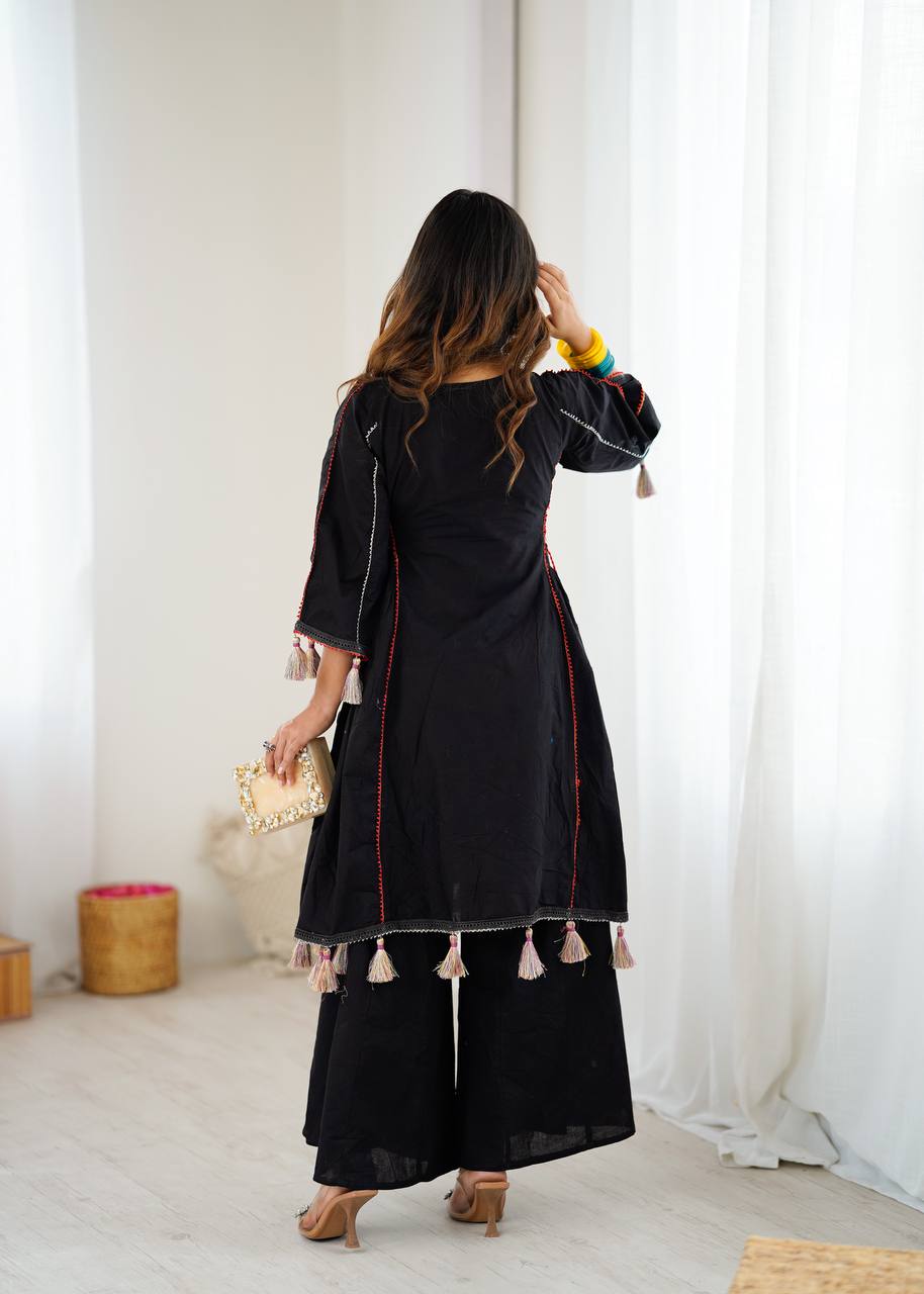 Black Tribal Mirror Work Kurta with Tassel Detailing & Palazzos