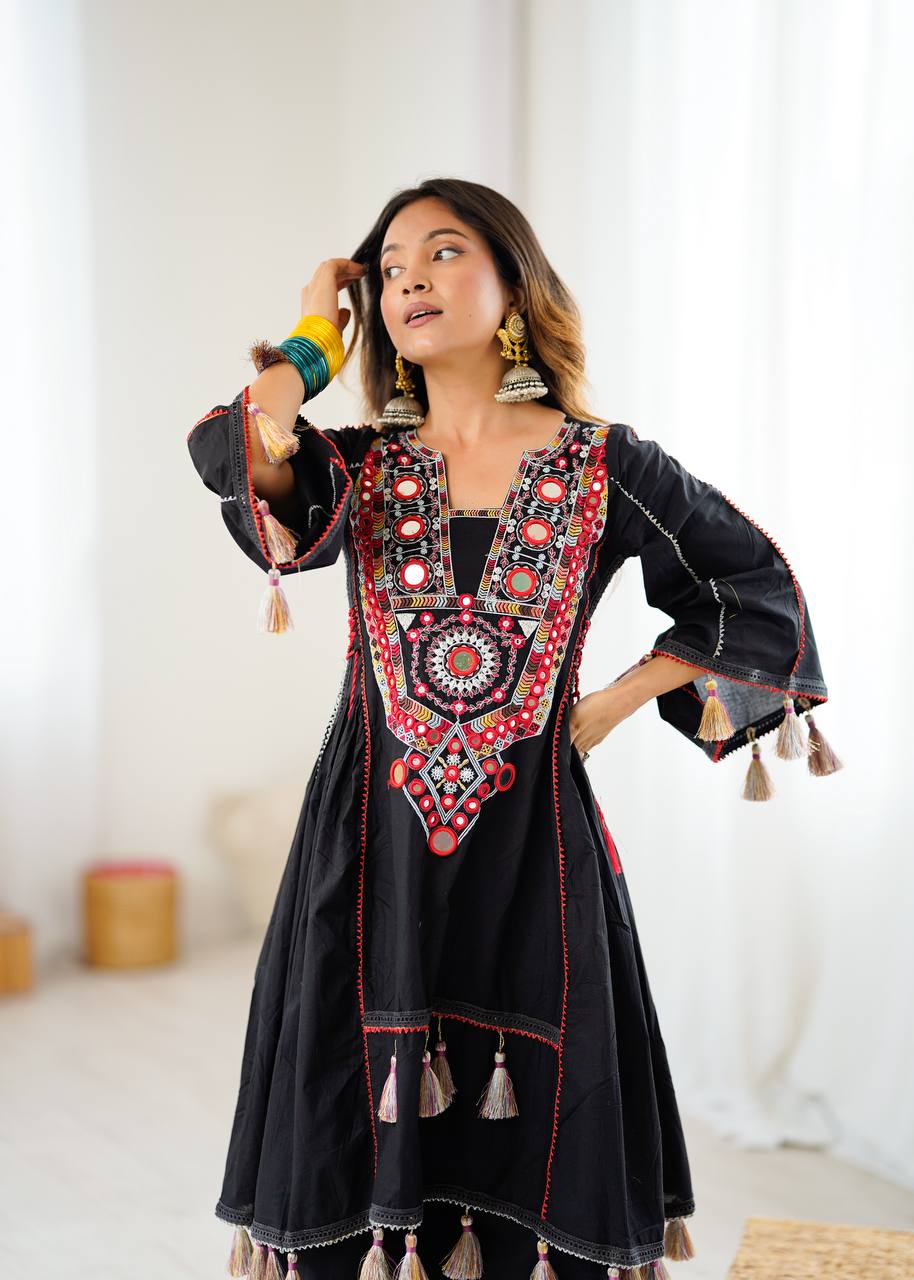 Black Tribal Mirror Work Kurta with Tassel Detailing & Palazzos