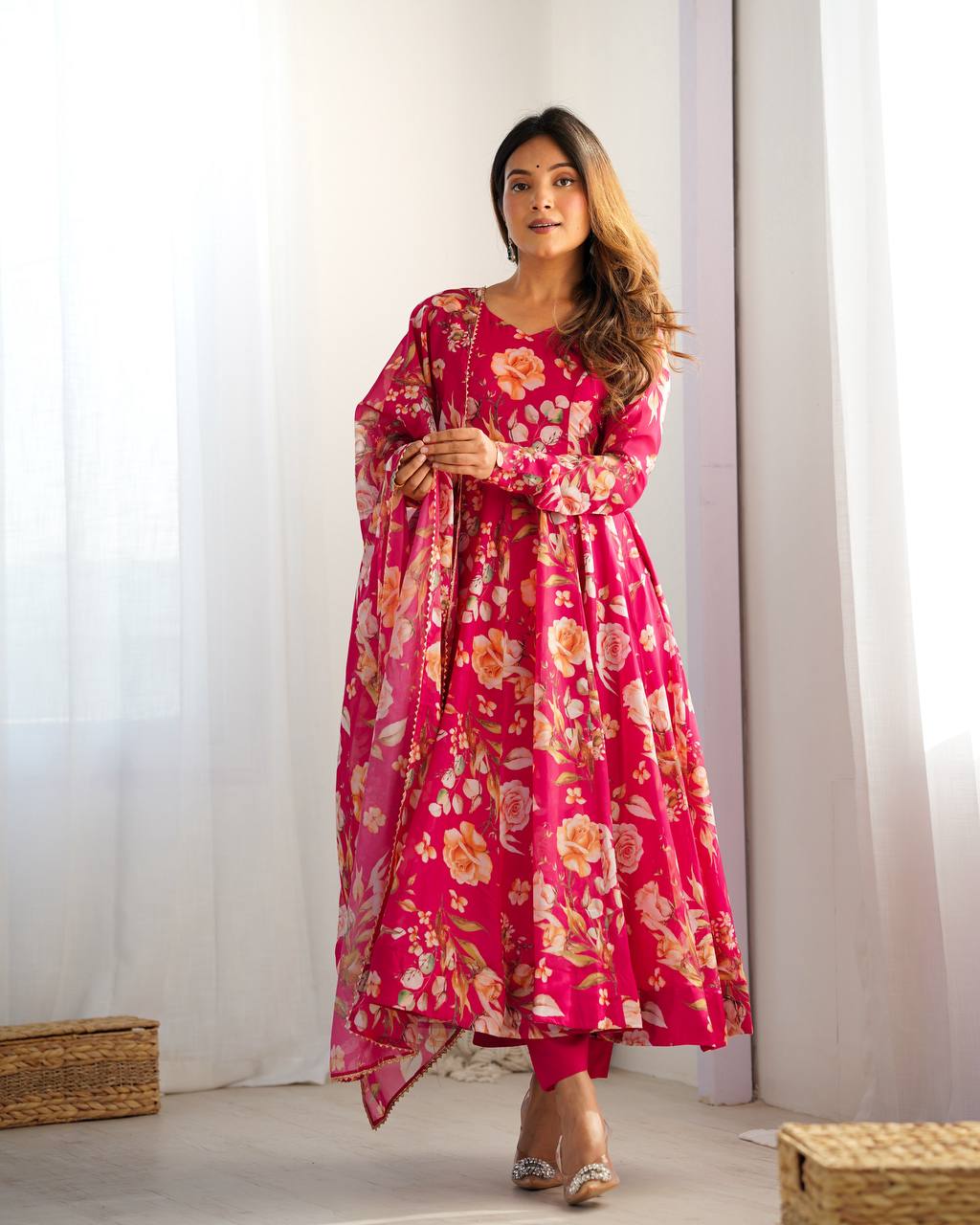 Pink Floral Anarkali Suit with Dupatta