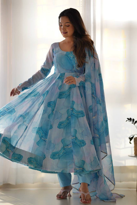 Aqua Blue Watercolor Print Anarkali Suit Set with Dupatta