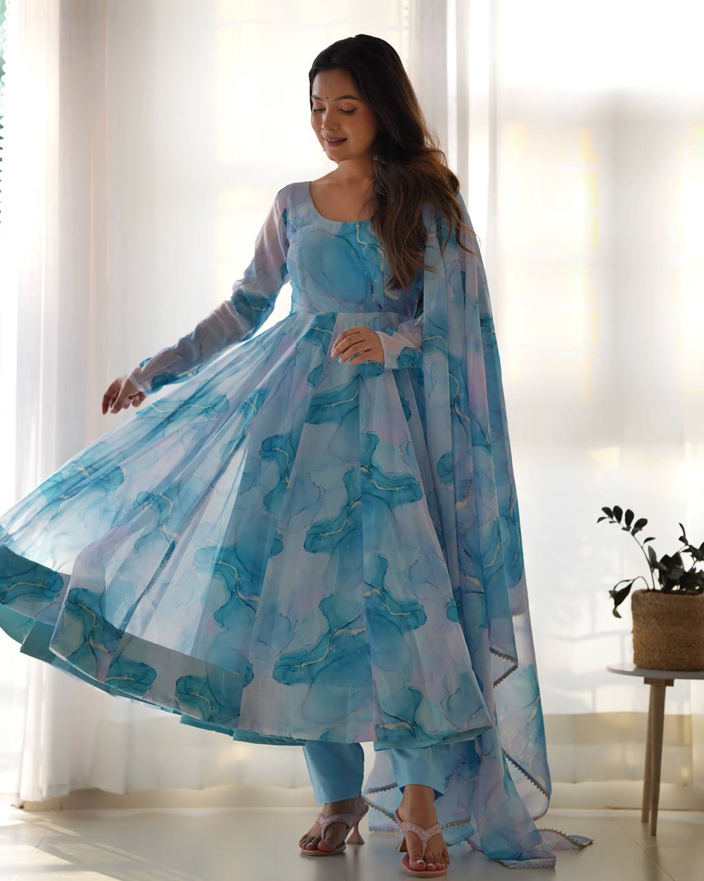 Aqua Blue Watercolor Print Anarkali Suit Set with Dupatta