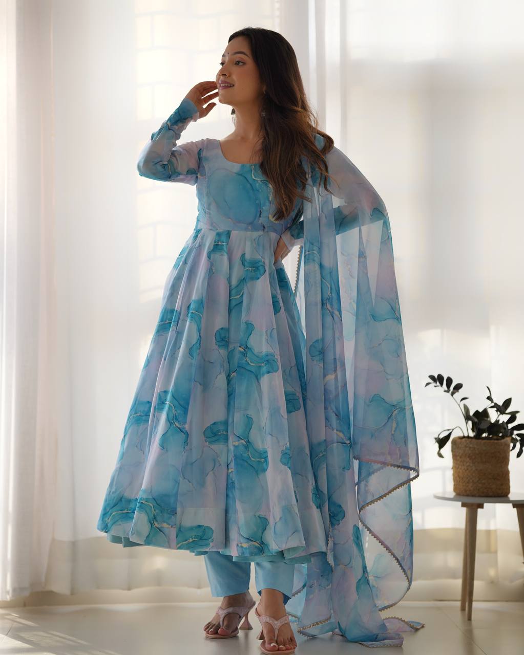 Aqua Blue Watercolor Print Anarkali Suit Set with Dupatta