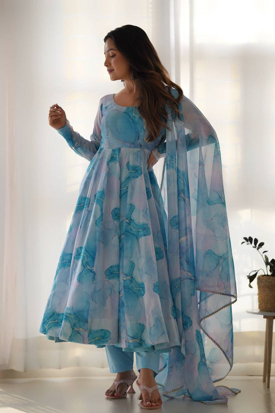 Aqua Blue Watercolor Print Anarkali Suit Set with Dupatta