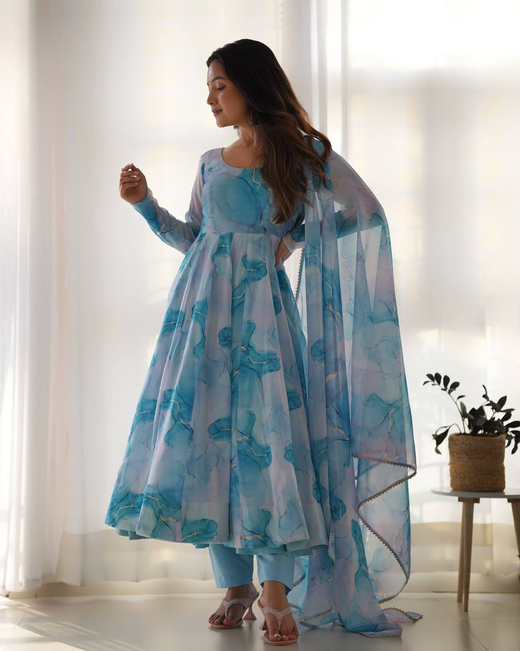 Aqua Blue Watercolor Print Anarkali Suit Set with Dupatta