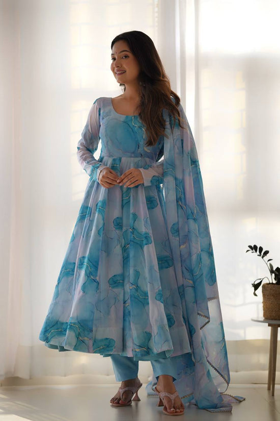 Aqua Blue Watercolor Print Anarkali Suit Set with Dupatta