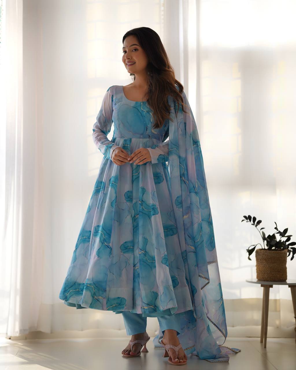 Aqua Blue Watercolor Print Anarkali Suit Set with Dupatta