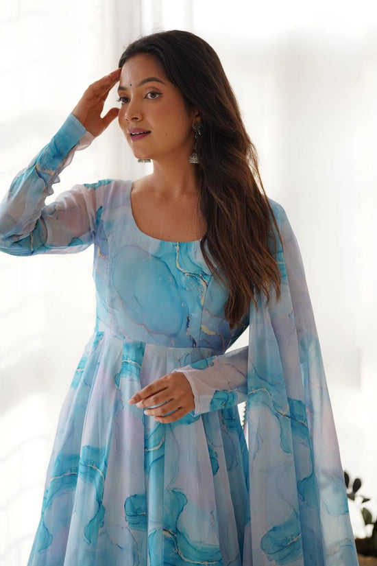 Aqua Blue Watercolor Print Anarkali Suit Set with Dupatta