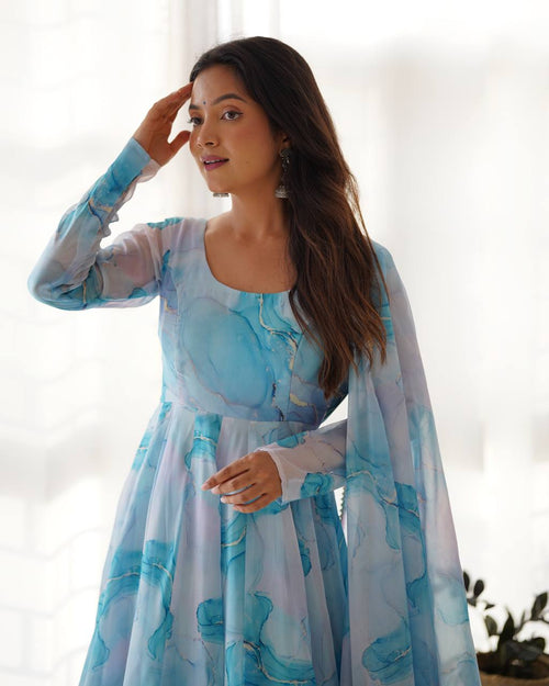 Aqua Blue Watercolor Print Anarkali Suit Set with Dupatta