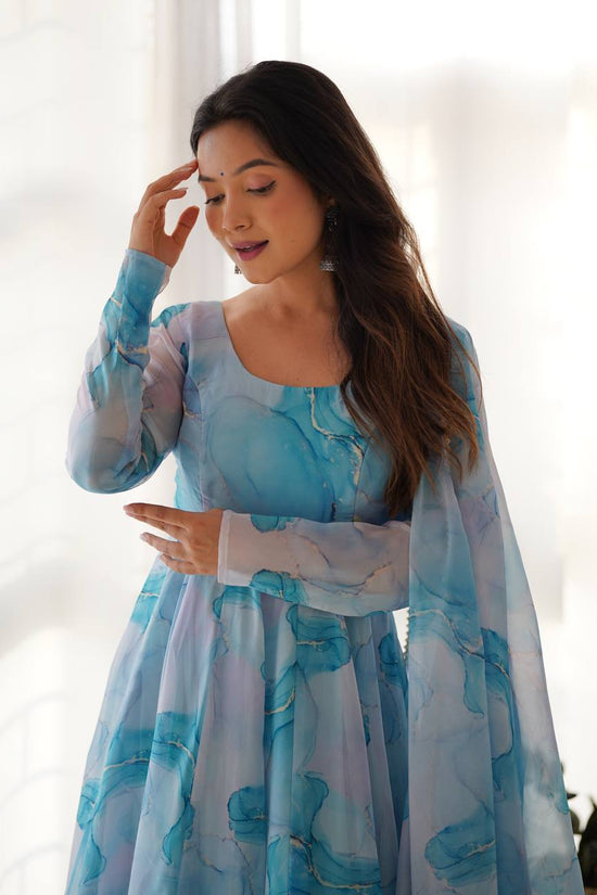 Aqua Blue Watercolor Print Anarkali Suit Set with Dupatta