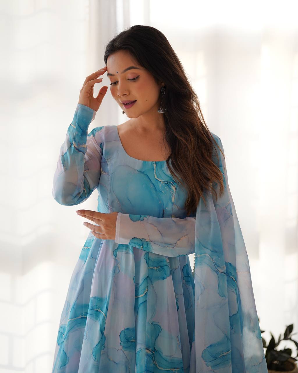 Aqua Blue Watercolor Print Anarkali Suit Set with Dupatta