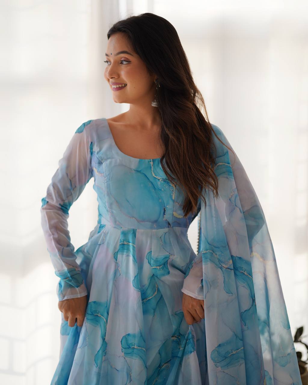 Aqua Blue Watercolor Print Anarkali Suit Set with Dupatta