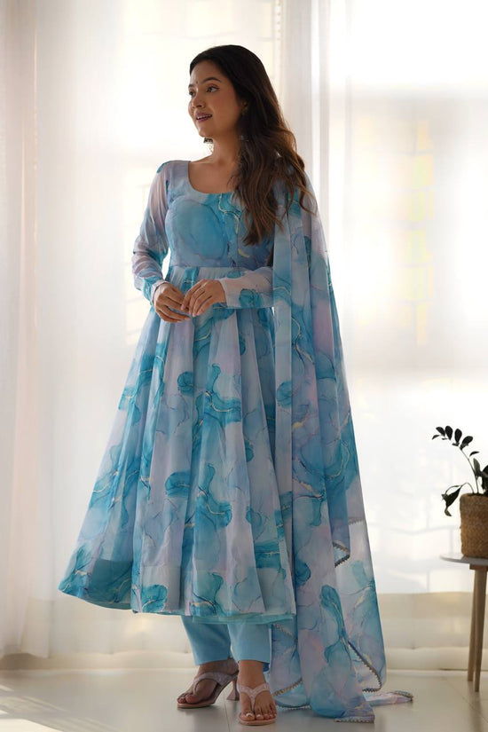 Aqua Blue Watercolor Print Anarkali Suit Set with Dupatta