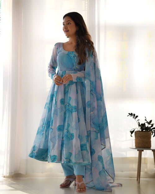 Aqua Blue Watercolor Print Anarkali Suit Set with Dupatta