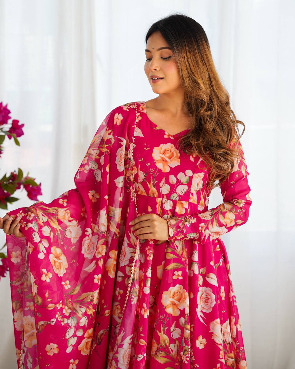 Pink Floral Anarkali Suit with Dupatta